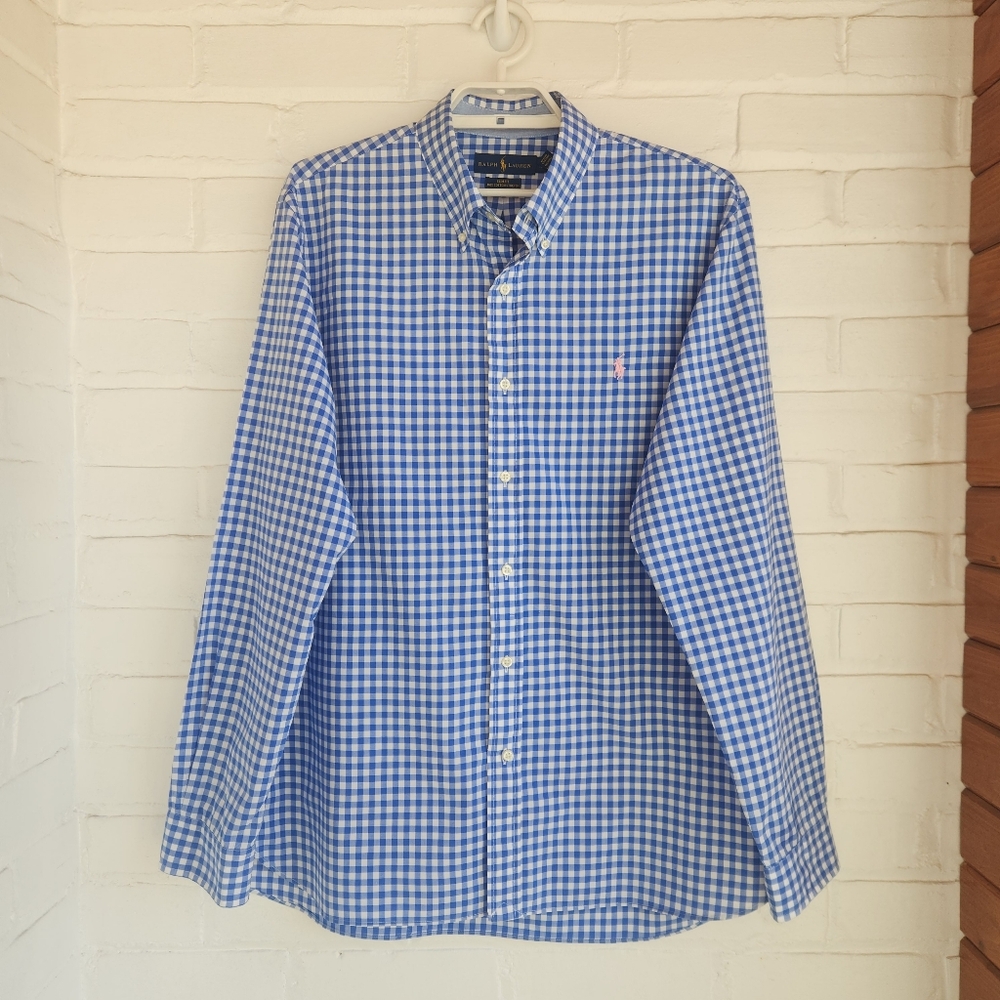 Ralph Lauren Blue Gingam Shirt Button Down Long Sleeve Slim Fit XL